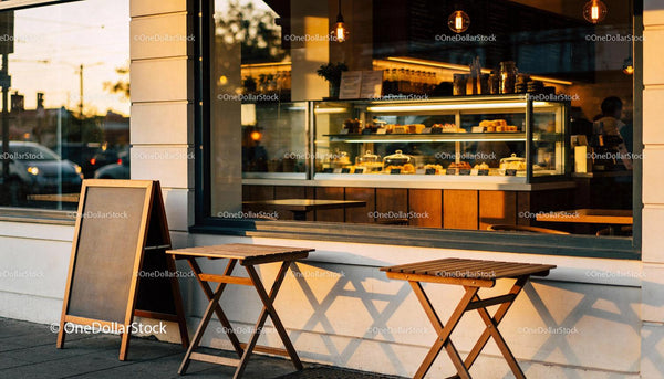 Cozy coffee shop exterior with wooden tables at sunset