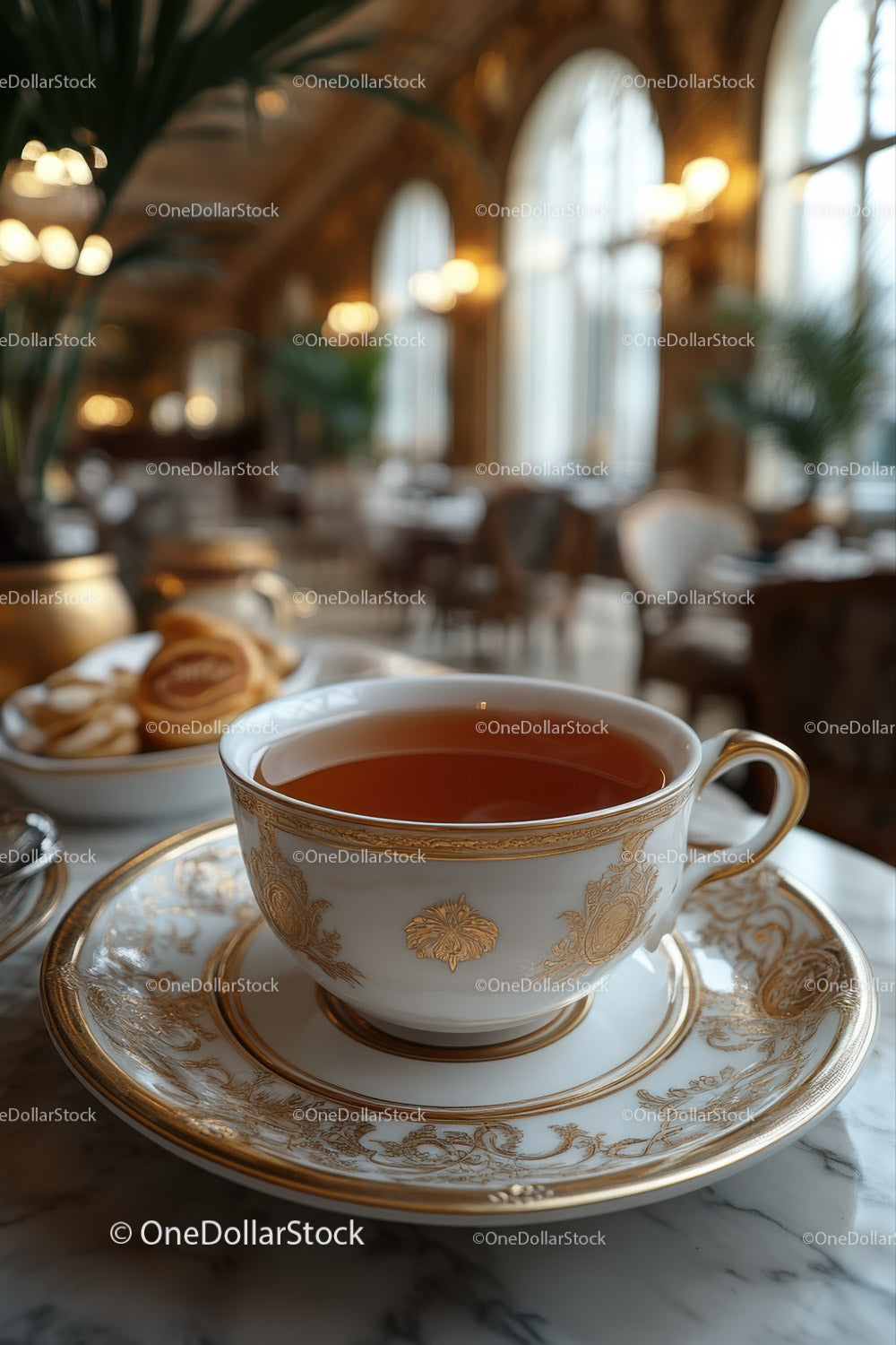 Elegant Gold-Decorated Porcelain Tea Cup in a Vintage Cafe