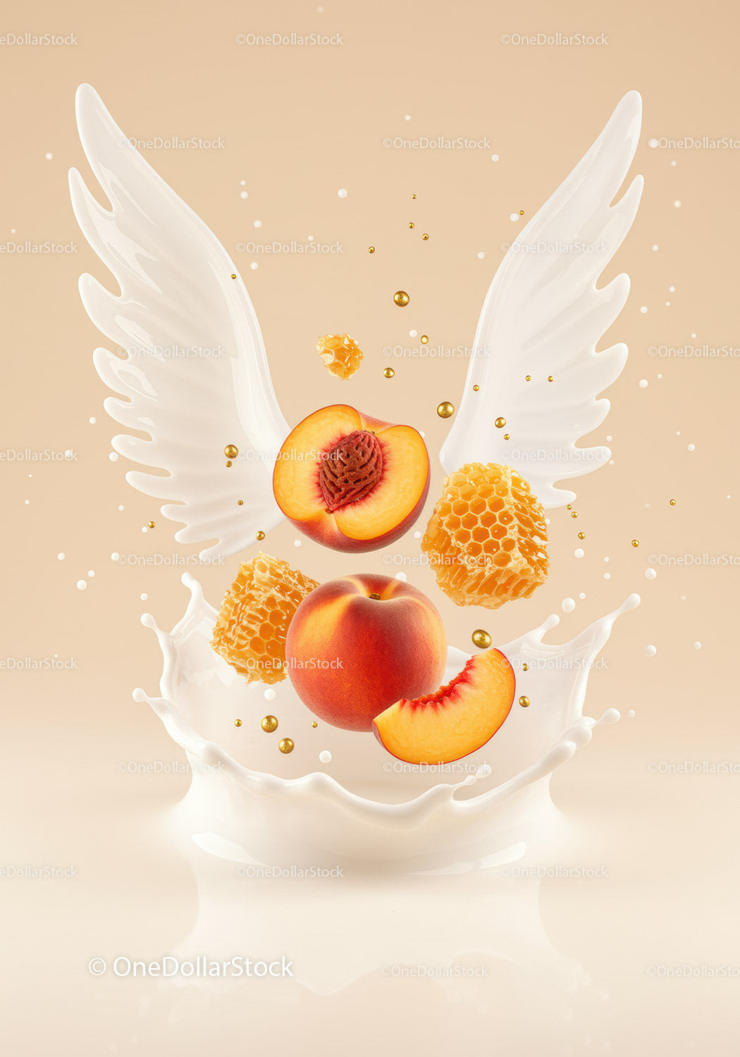 Fresh peaches with honeycomb and wings in creamy splash