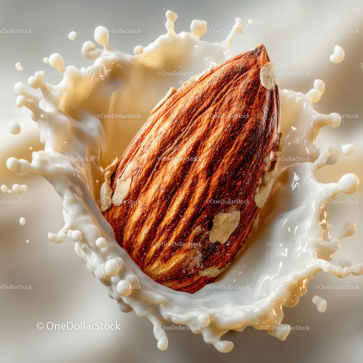 Almond Splashing in Fresh Milk Creating a Tasty Scene