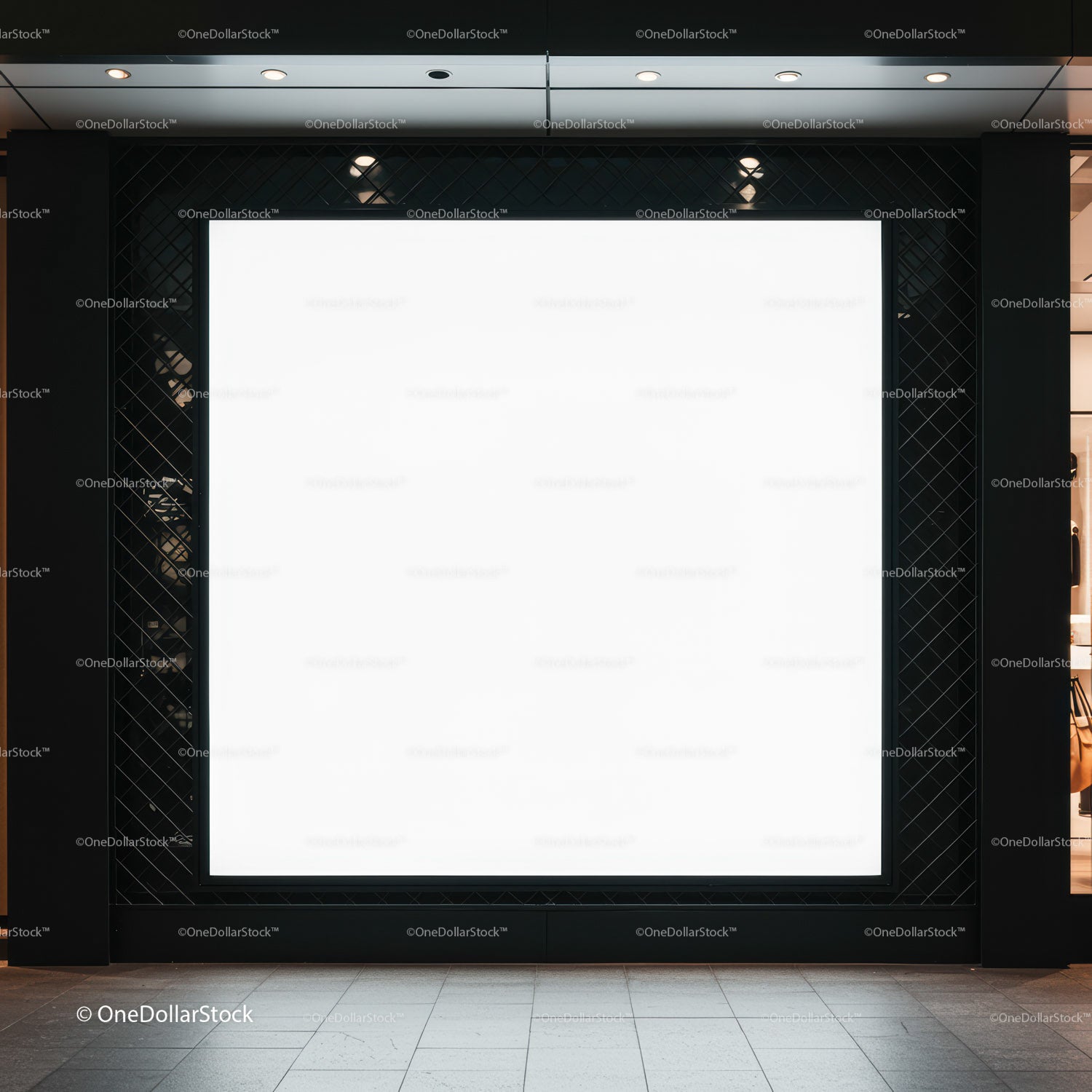 Blank illuminated billboard in modern shopping mall
