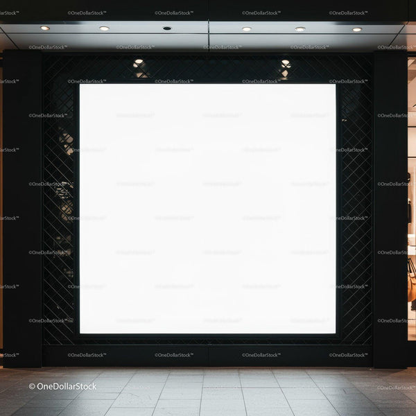 Blank illuminated billboard in modern shopping mall JPG Mockup Image