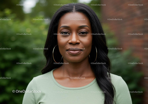 Confident woman posing outdoors with calm expression