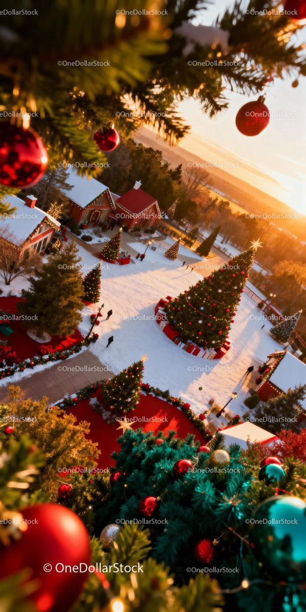 Festive Christmas village with decorated trees at sunset
