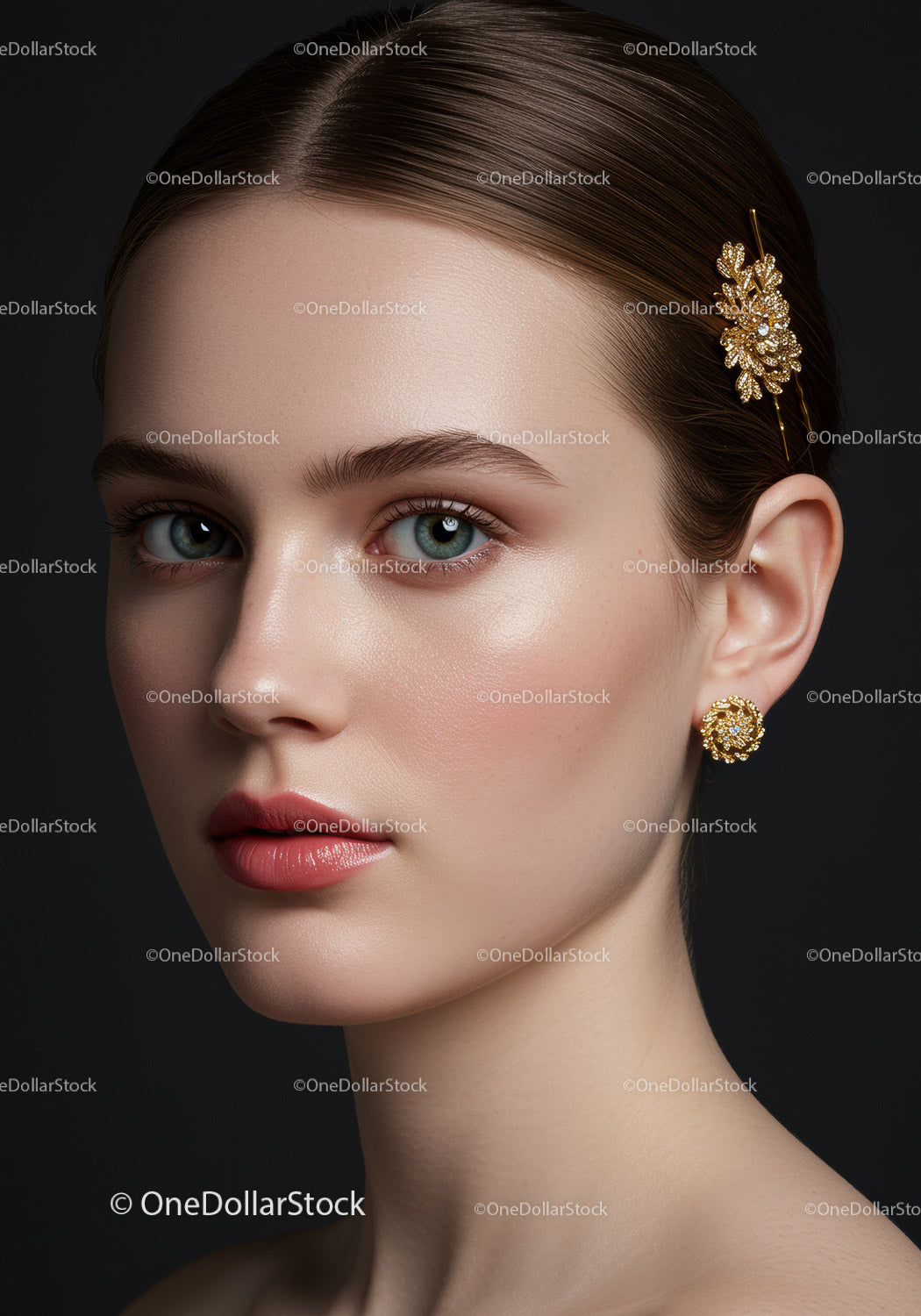 Elegant Woman Wearing Gold Jewelry and Floral Hairpin