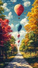 Colorful Hot Air Balloons Flying Over Autumn Forest Path