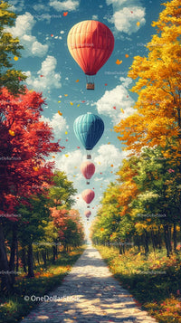 Colorful Hot Air Balloons Flying Over Autumn Forest Path