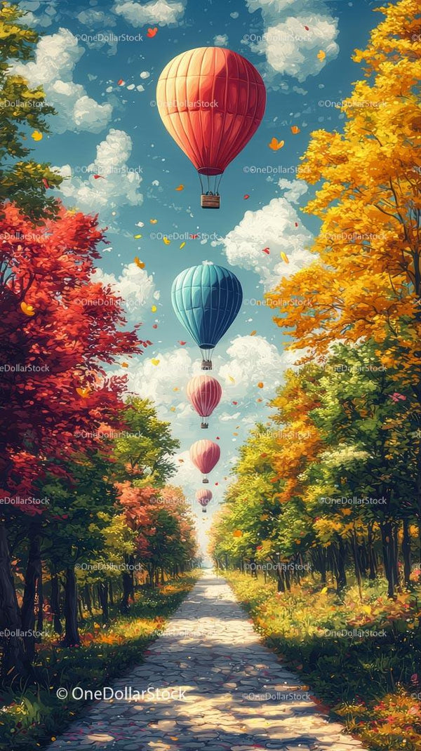 Colorful Hot Air Balloons Flying Over Autumn Forest Path
