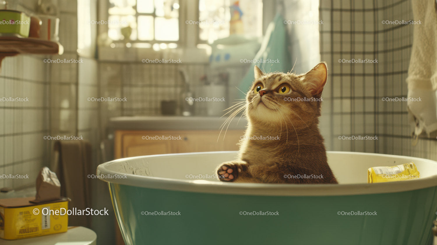 Adorable Domestic Cat Sitting in Bathtub in Cozy Bathroom Scene