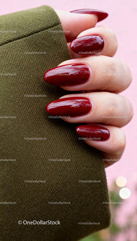 Close-up of hand with glossy dark red manicure