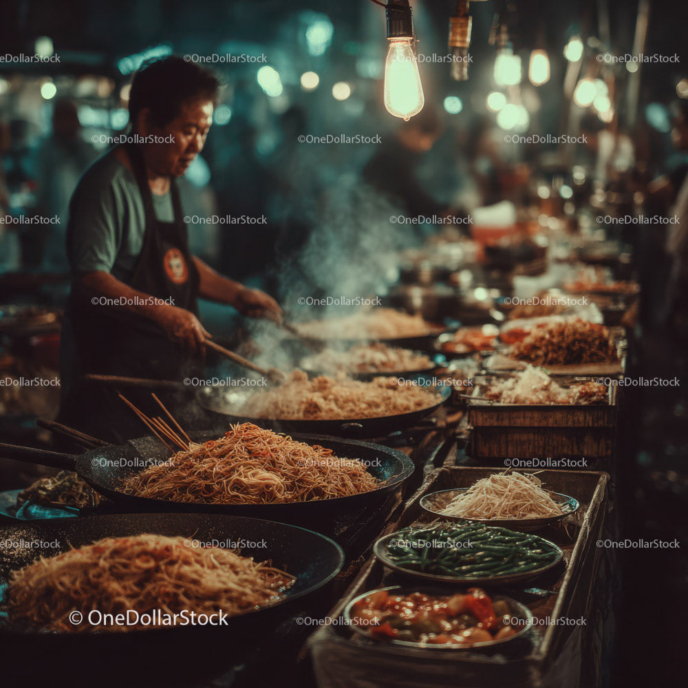Stir-fried Noodles in a Street Market with Bustling Atmosphere