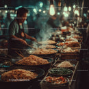 Stir-fried Noodles in a Street Market with Bustling Atmosphere