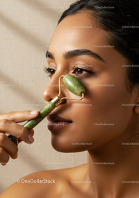 Close-up of a woman using a jade facial roller for skincare and facial massage