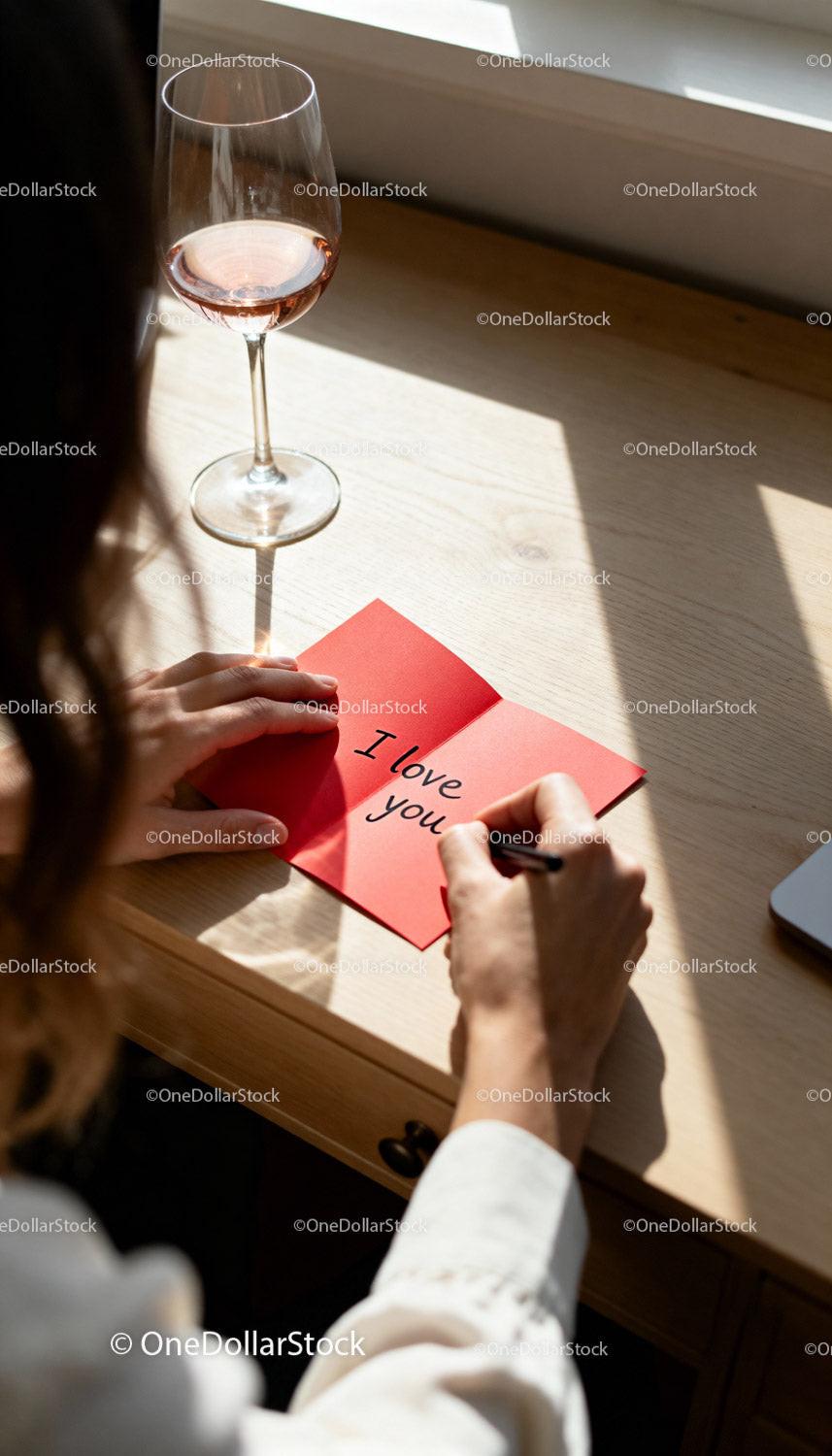 Writing a Romantic Message on Red Card by Window Light