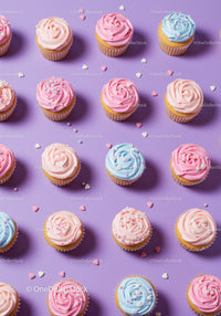 Colorful cupcakes with pastel frosting on lavender background
