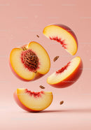 Fresh sliced peach halves with stone on soft pink background