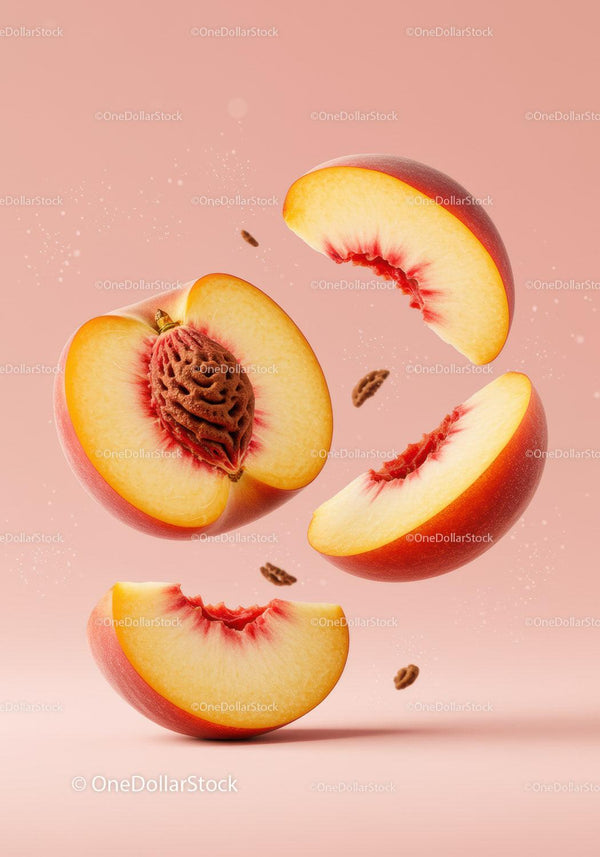 Fresh sliced peach halves with stone on soft pink background