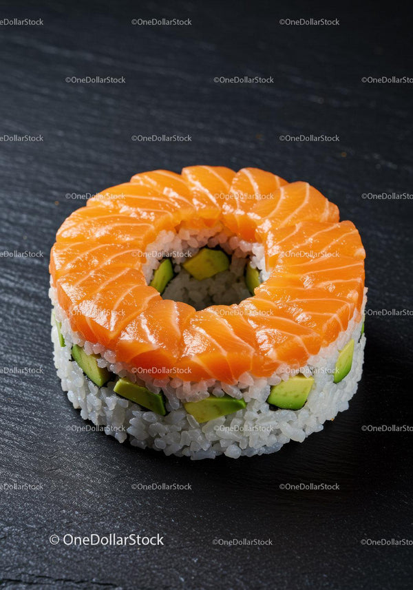 Fresh salmon and avocado sushi ring on slate plate