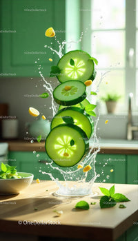 Fresh cucumber slices splashing in water with mint leaves