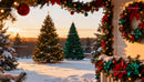 Christmas Decorations and Snowy Pines at Sunset