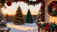 Christmas Decorations and Snowy Pines at Sunset