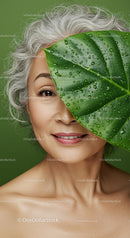 Close-up of a Mature Woman with Gray Hair and Large Green Leaf