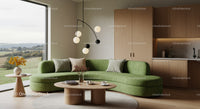 Modern living room with green curved sofa and wooden decor