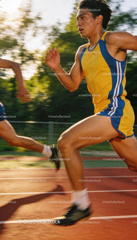 Focused Athlete Sprinting on Outdoor Track in Evening Light