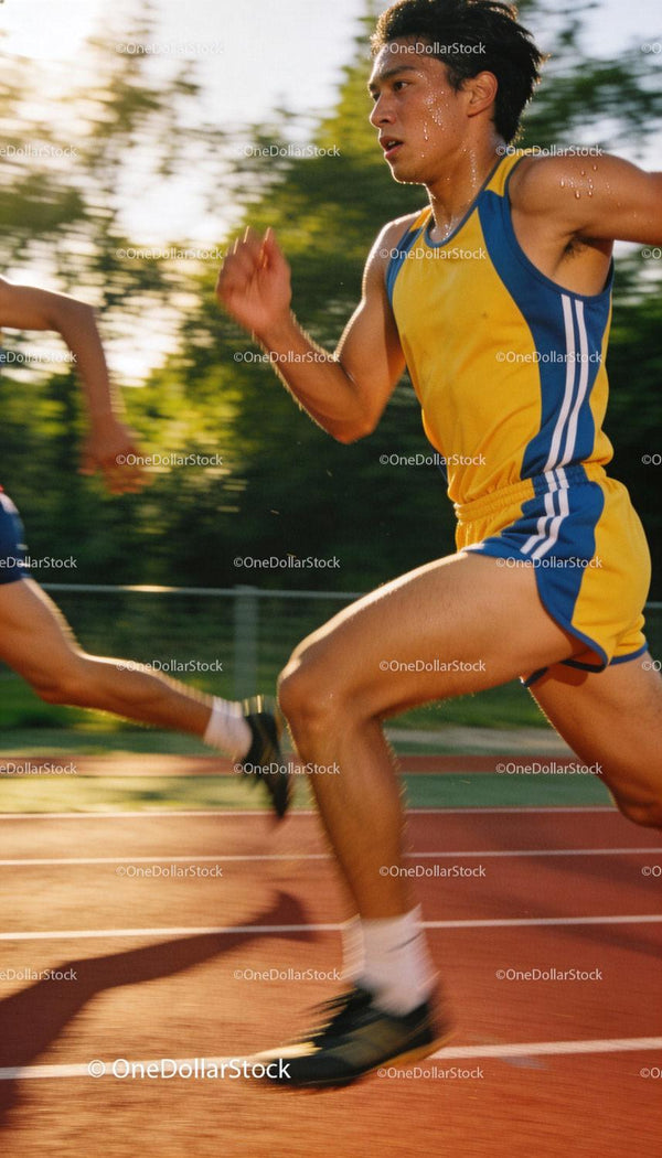 Focused Athlete Sprinting on Outdoor Track in Evening Light