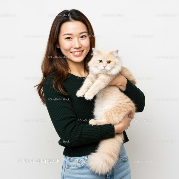 Young woman holding fluffy cream cat with gentle smile