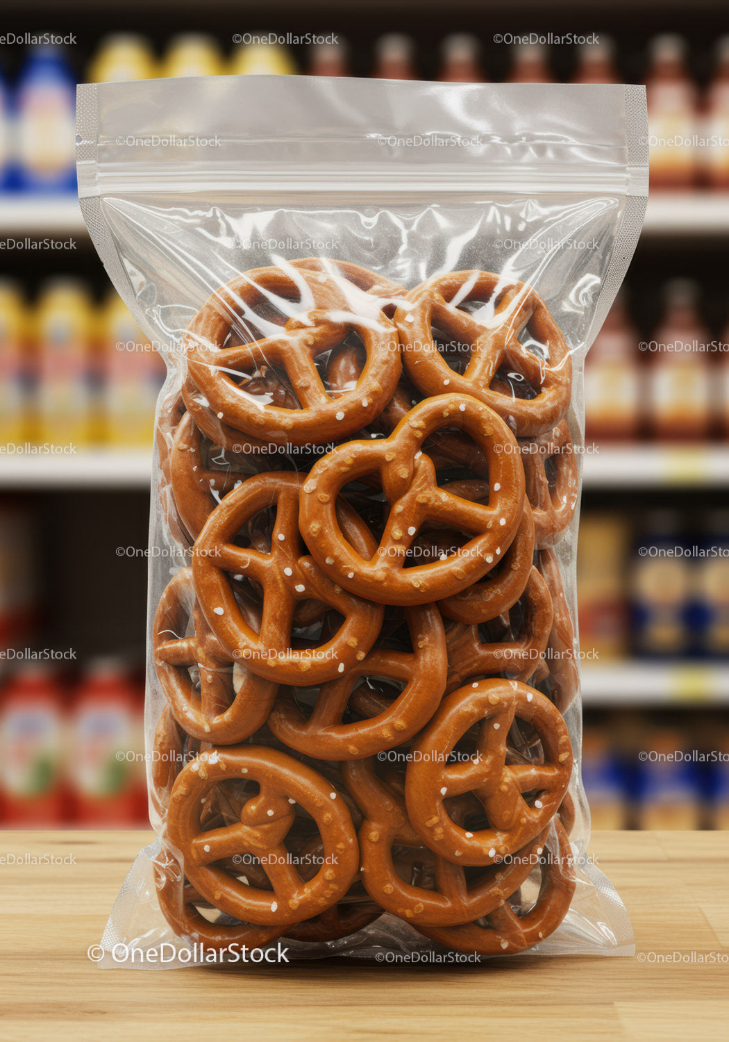 Clear Bag Filled with Salted Pretzels on Wooden Surface