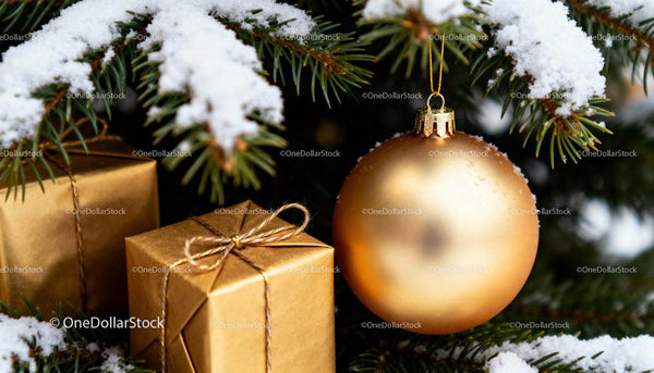 Golden Christmas bauble and wrapped gifts on snowy pine