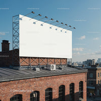 Empty billboard on rooftop above urban brick building