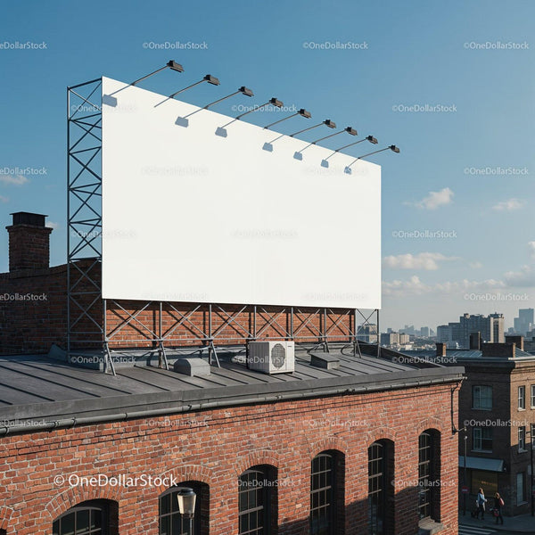 Empty billboard on rooftop above urban brick building JPG Mockup Image