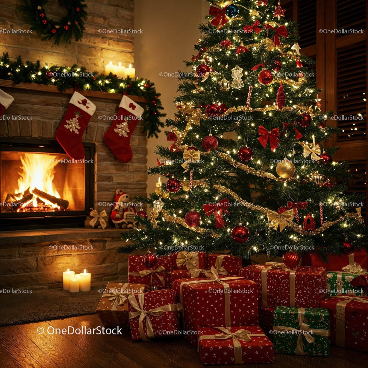 Cozy Living Room with Decorated Christmas Tree and Gifts