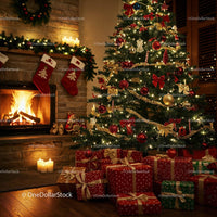Cozy Living Room with Decorated Christmas Tree and Gifts