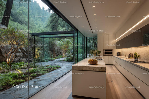 Modern Kitchen with Floor-to-Ceiling Glass Walls and Scenic Garden View