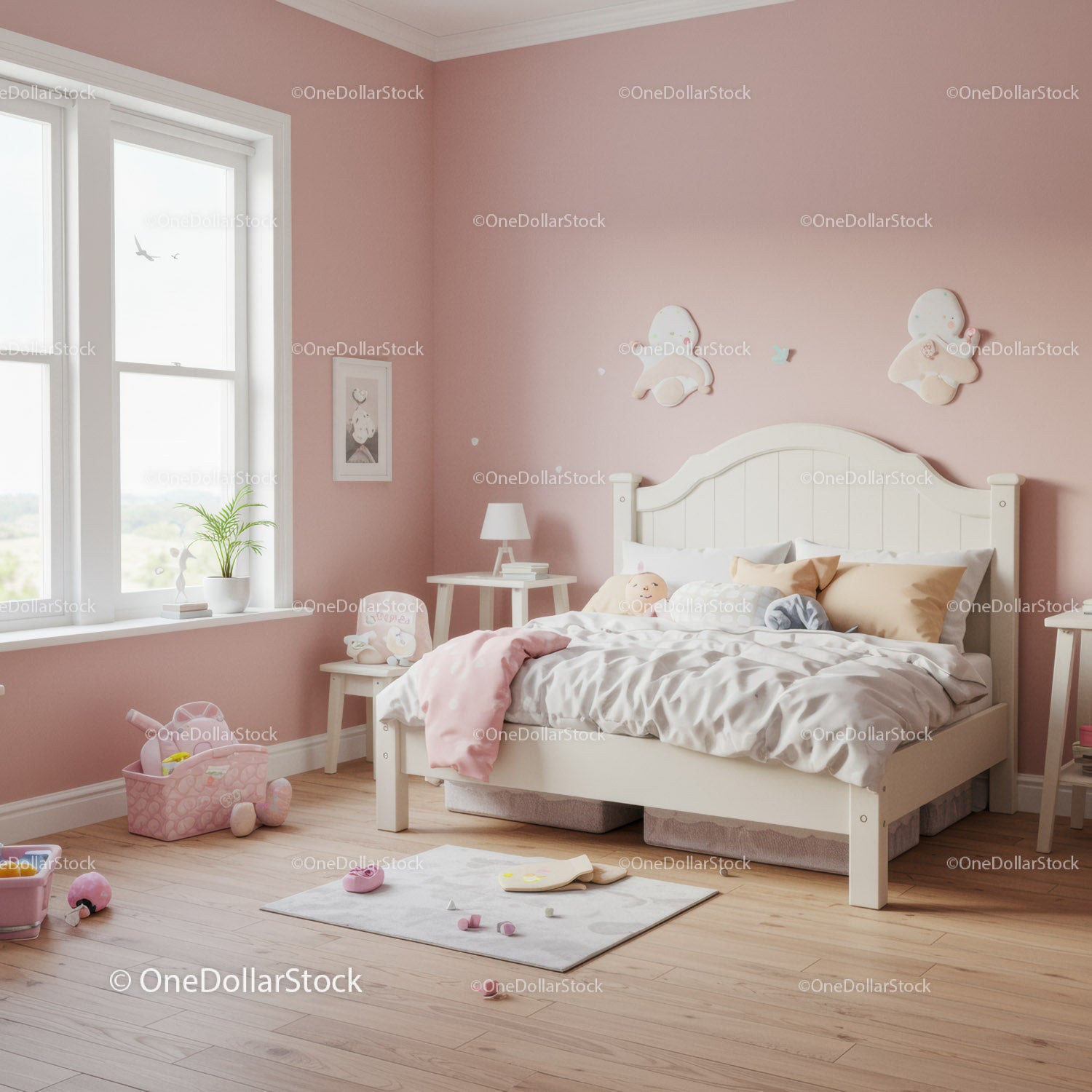 Pink Children's Bedroom with Plush Toys and Wall Art for Kids