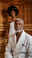 Elderly Man in Sauna Wearing White Bathrobe with Relaxed Atmosphere