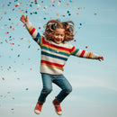 Joyful girl jumping with colorful confetti outdoors