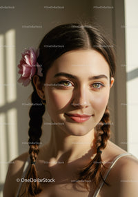 Portrait of a Young Woman with Braided Hair and Pink Flower Accessory