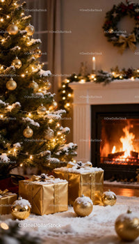 Cozy Christmas scene with golden decorations and fireplace