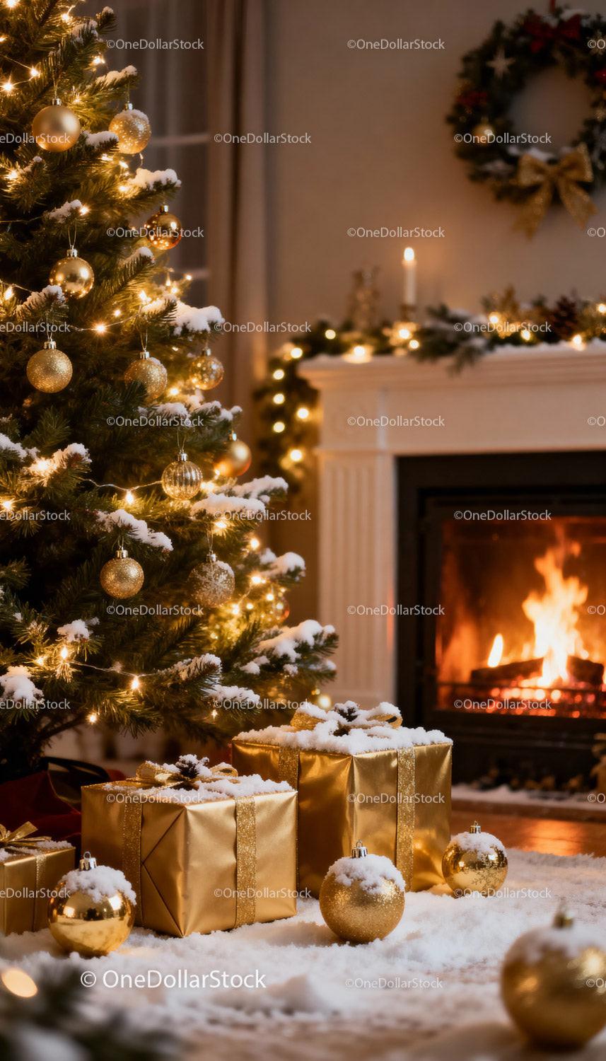 Cozy Christmas scene with golden decorations and fireplace
