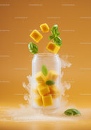 Frozen mango cubes with fresh basil in glass with mist
