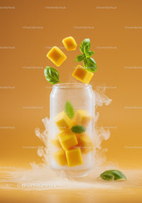 Frozen mango cubes with fresh basil in glass with mist
