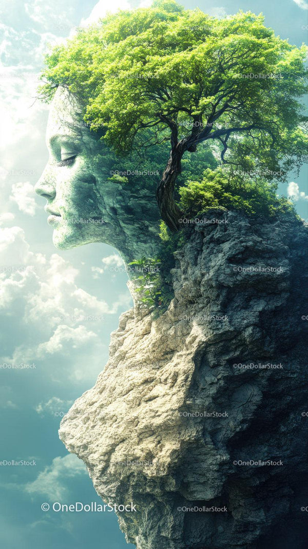 Sculpted Stone Face With Tree Crown