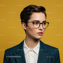 Professional Woman Wearing Glasses in Formal Attire with Yellow Background