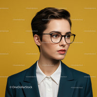 Professional Woman Wearing Glasses in Formal Attire with Yellow Background