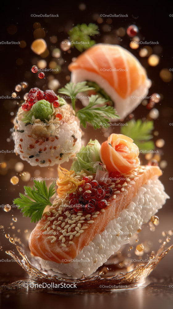 Świeże rolki sushi z łososiem, ikrą rybną i dodatkami dla smakoszy