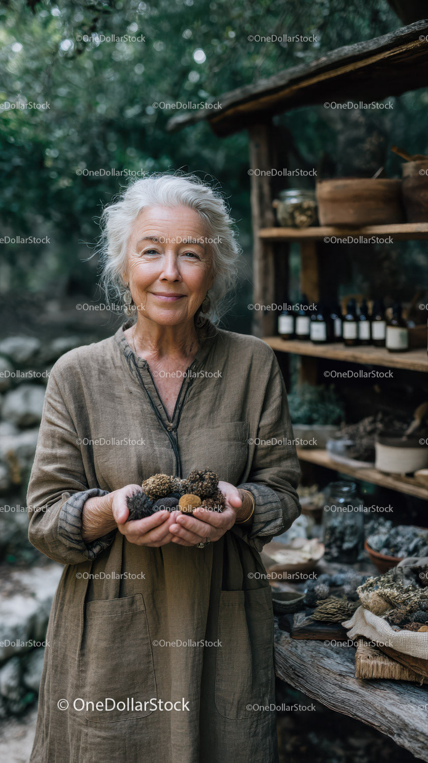 Senior Woman Collecting Pinecones at Rustic Forest Market Scene
